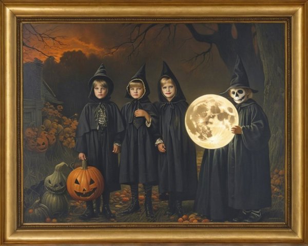 Whimsical Halloween Scene with Cloaked Children