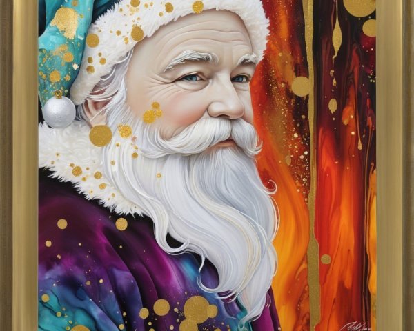 Vibrant Modern Painting of Santa Claus in Gold Frame