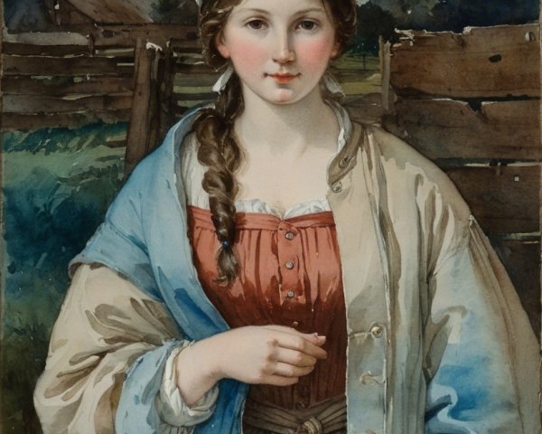 Young Woman in Earth-Toned Outfit Against Rustic Farm