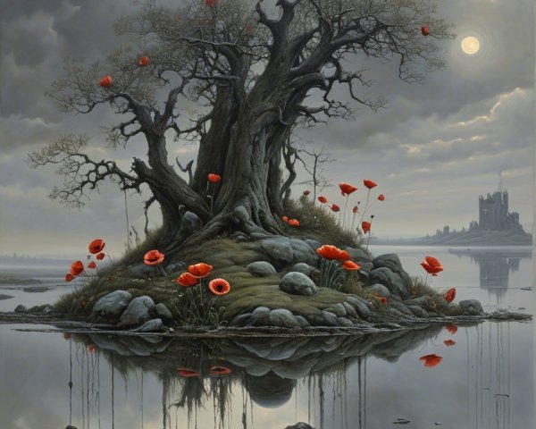 Gnarled tree and castle silhouette on tranquil island