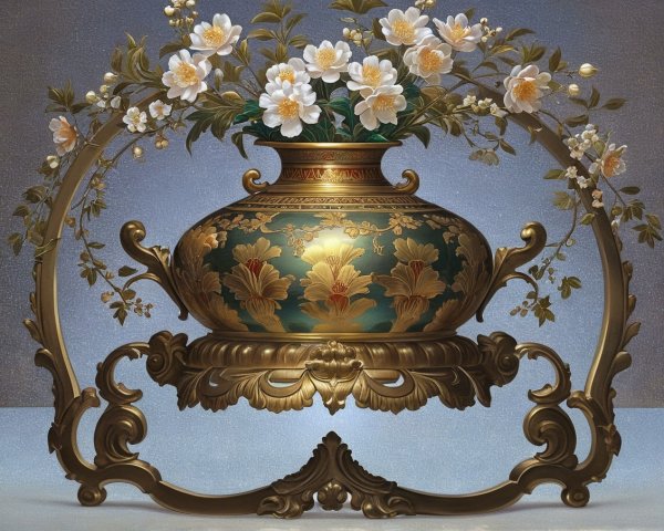 Ornate vase with floral patterns on golden stand