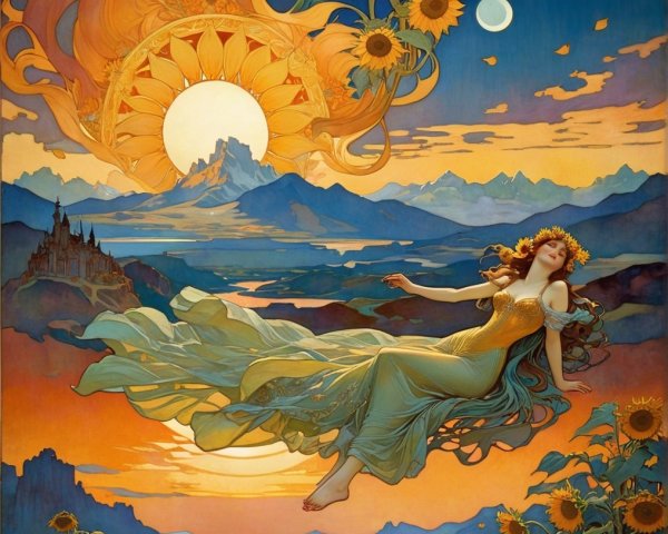 Stylized Woman with Sunflower Crown in Nature Scene