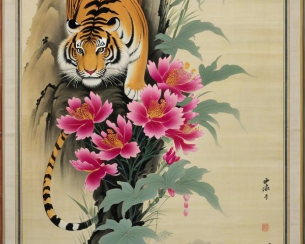 Tiger on Rocky Outcrop with Pink Peonies Illustration