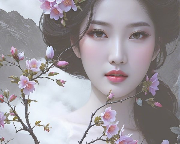 Portrait of a woman with black hair and pink flowers