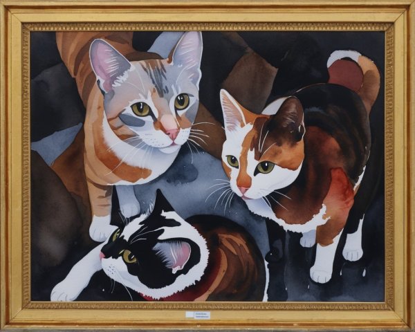 Three Cats in Vibrant Watercolor with Gold Border
