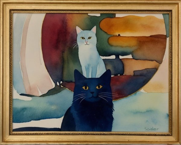 Watercolor Painting of Two Cats in Abstract Landscape
