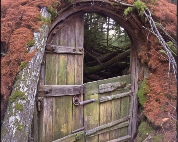 Weathered Wooden Door Surrounded by Forest Elements