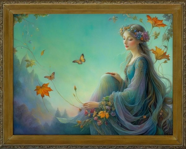 Ethereal Woman in Floral Crown with Pastel Background