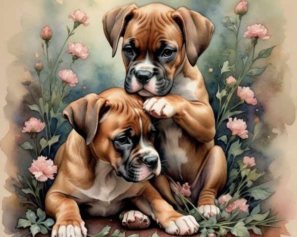 Boxer Puppies Surrounded by Pink Flowers in Watercolor