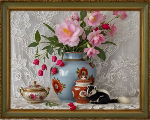 Vibrant Floral Still Life with Playful Skunk