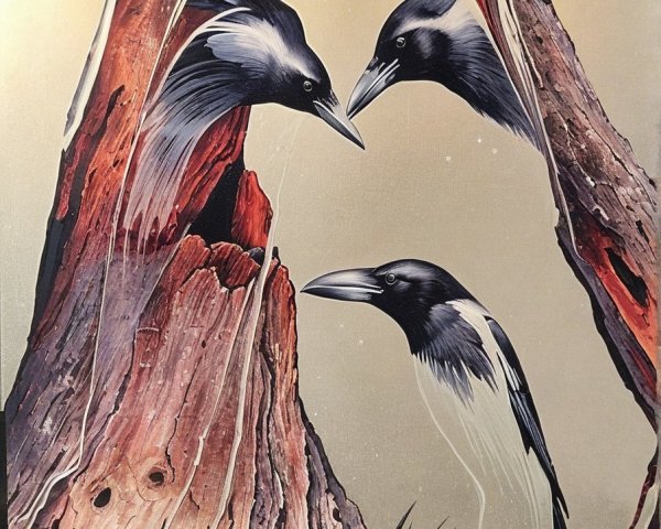 Three Stylized Birds Emerging from Weathered Tree Trunk