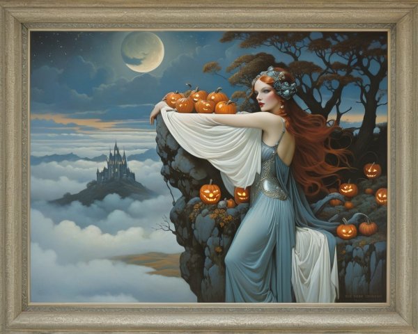 Mystical Woman in Blue Gown Amidst Glowing Pumpkins