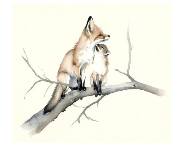 Illustration of Two Foxes Resting on a Tree Branch
