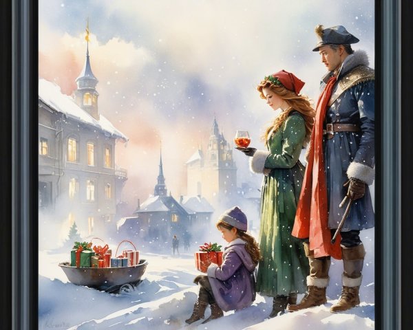 Winter Scene with Three Figures in Colorful Attire