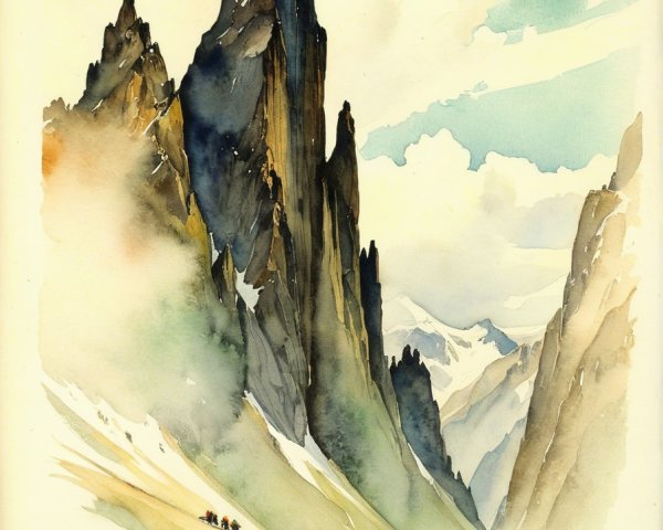 Watercolor Painting of Majestic Mountain Landscape