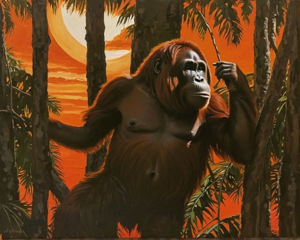 Gorilla in Sunset Among Lush Trees and Calm Atmosphere