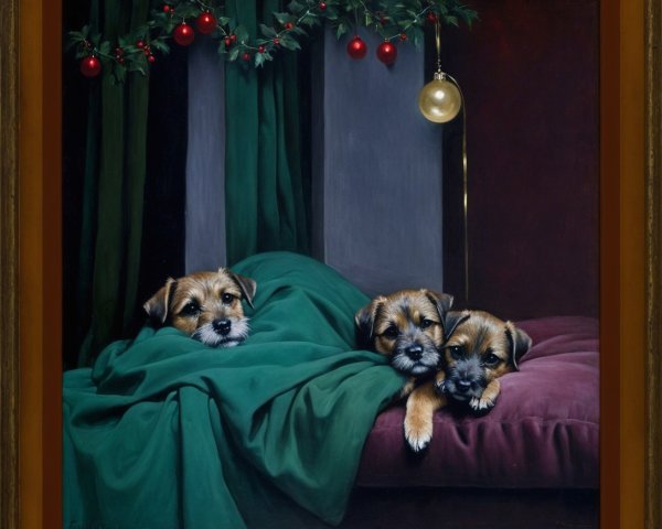 Realistic Painting of Three Snuggling Border Terrier Puppies