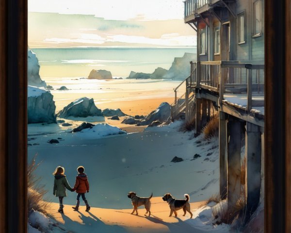 Watercolor of Children and Dogs on Snowy Beach at Sunset