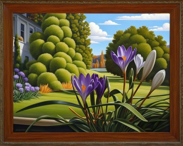 Vibrant Landscape Painting of Crocuses in a Garden