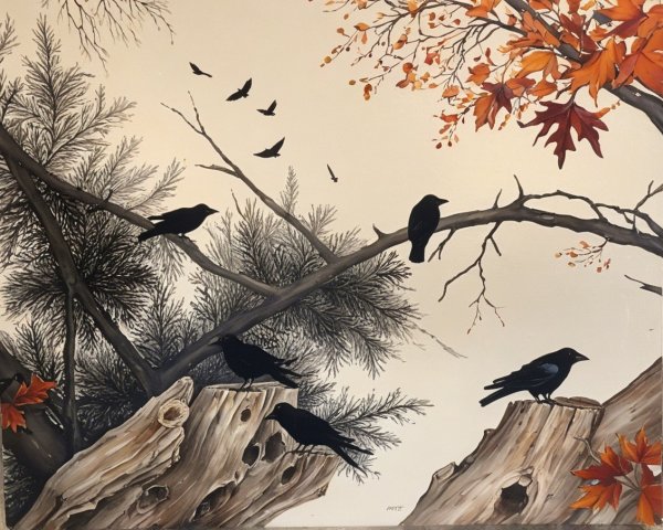 Serene Autumn Scene with Vibrant Leaves and Birds