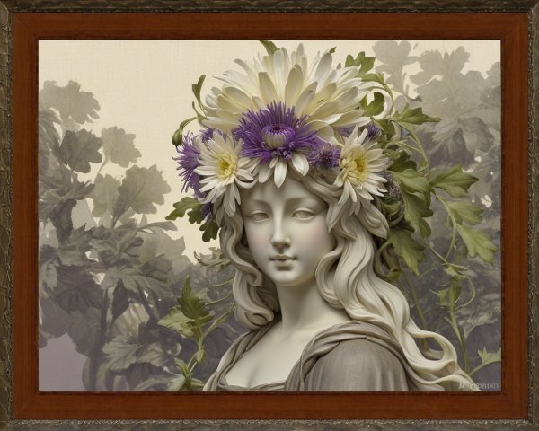 Sculpted Woman with Flower Crown in Ethereal Setting