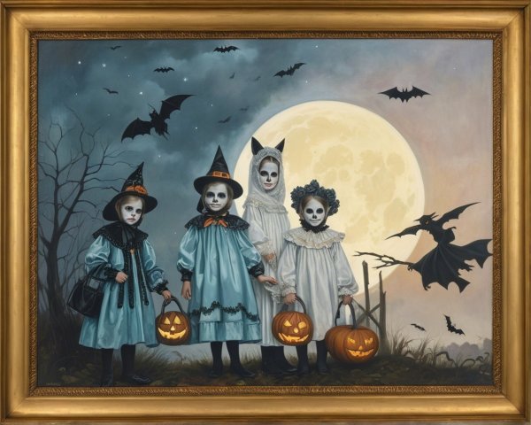 Children in Halloween Costumes with Pumpkins and Bats