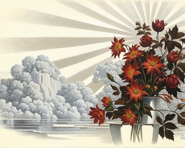 Vibrant Red Flower Bouquet Against Serene Mountain Background