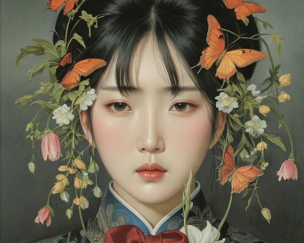 Portrait of a young woman with floral headdress and elegance