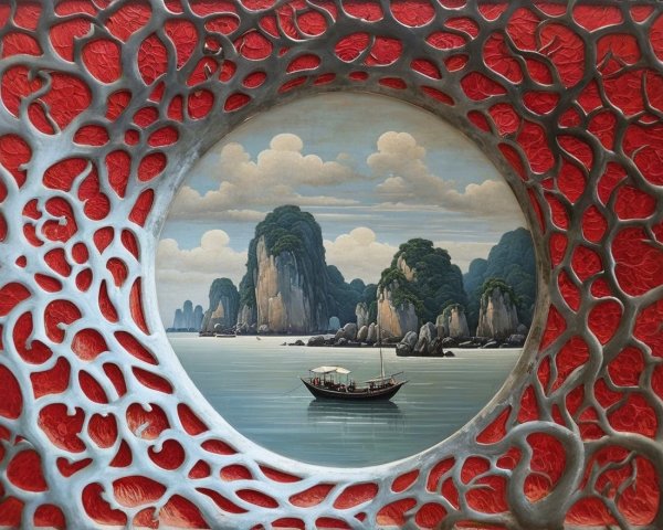 Coastal Landscape with Boat and Textured Border