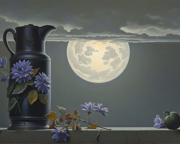 Still Life with Dark Pitcher and Blue Flowers Under Moon