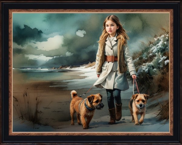 Watercolor Painting of Girl Walking Dogs on Beach
