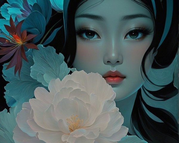 Portrait of a serene woman surrounded by vibrant flowers