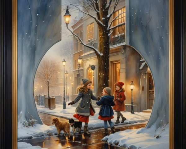 Oil Painting of Children Playing with Dogs in Snow