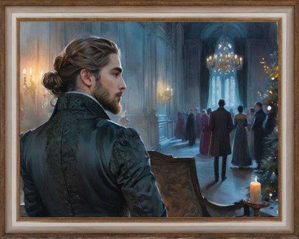 Elegant Man in Lavish Ballroom with Historical Guests