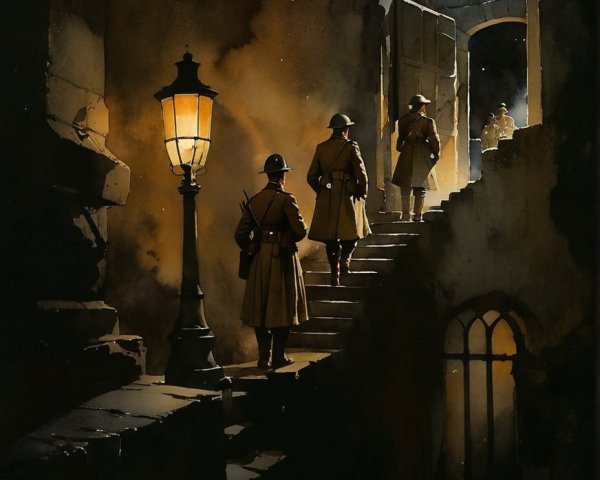 Shadowy Figures Ascending a Stone Staircase at Night