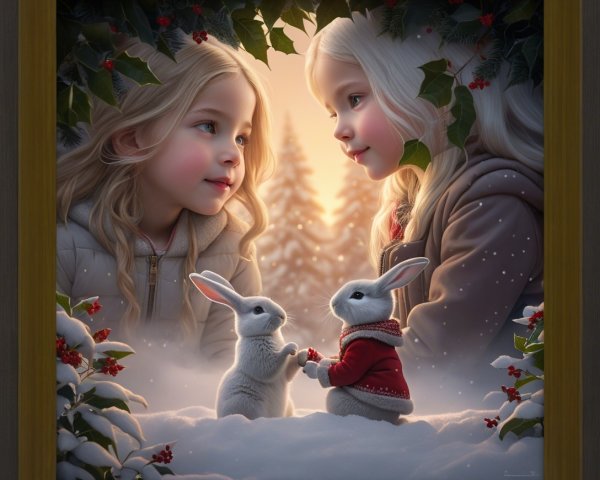 Digital painting of girls viewing a snowy landscape