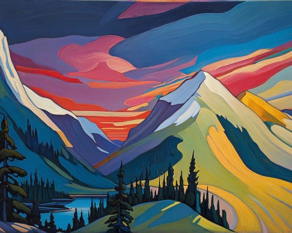 Vibrant Mountain Landscape Painting at Sunset