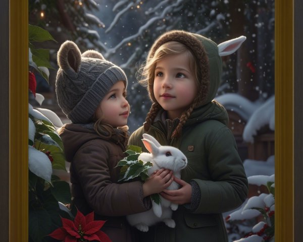 Detailed Winter Scene of Two Children Outdoors