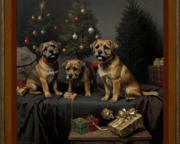 Oil Painting of Three Border Terriers by Christmas Trees