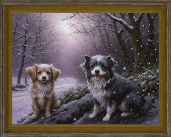 Winter Scene with Dogs in a Snowy Forest