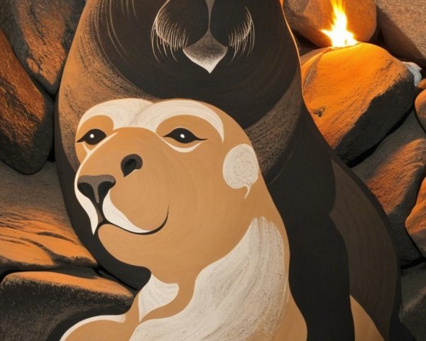 Stylized Rock Art of Seal and Lion with Warm Background