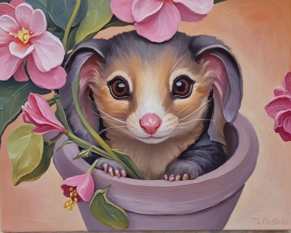 Whimsical Painting of Animal in Flower Pot