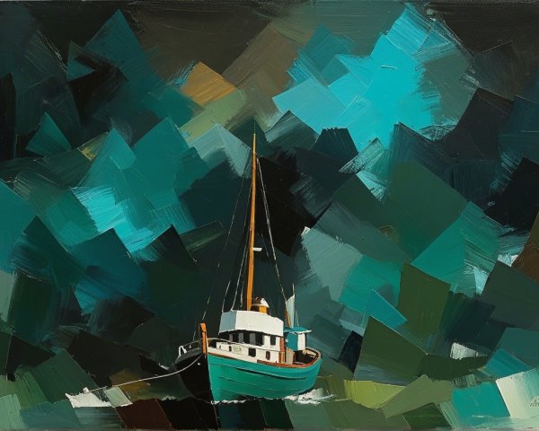Fishing Boat on Tumultuous Sea with Bold Brushstrokes