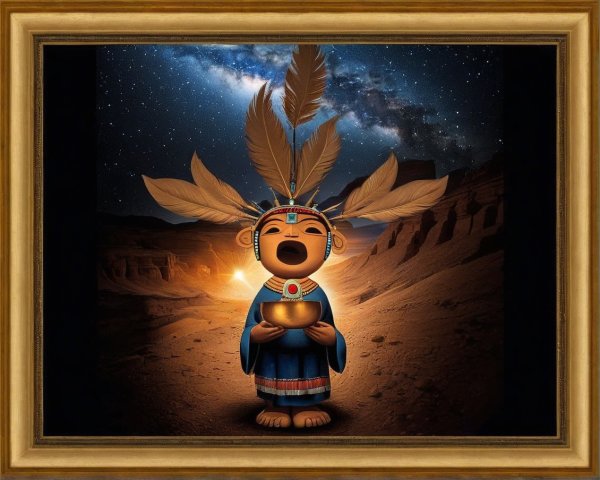 Vibrant Illustration of Feathered Figure in Desert Night