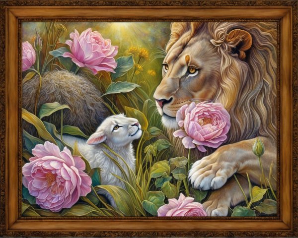 Vibrant Painting of Lion and Lamb in Nature Harmony