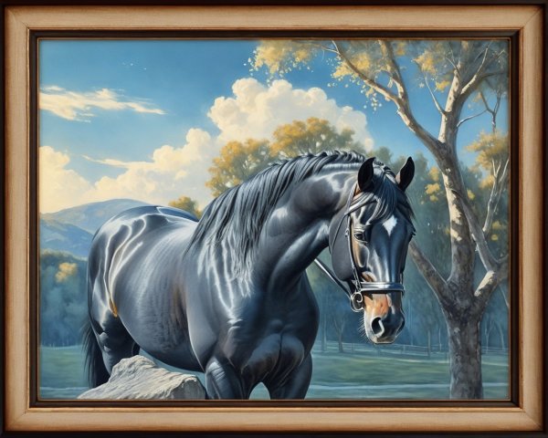 Framed Oil Painting of a Black Horse in a Field