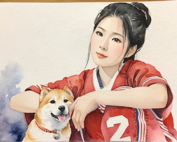 Watercolor Illustration of Woman and Shiba Inu