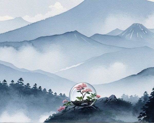 Serene Landscape with Misty Mountains and Glass Globe