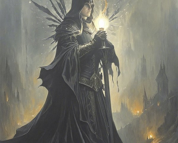 Cloaked Figure with Glowing Orb in Mysterious Landscape