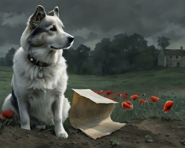 Serene landscape with dog, map, and vibrant poppies